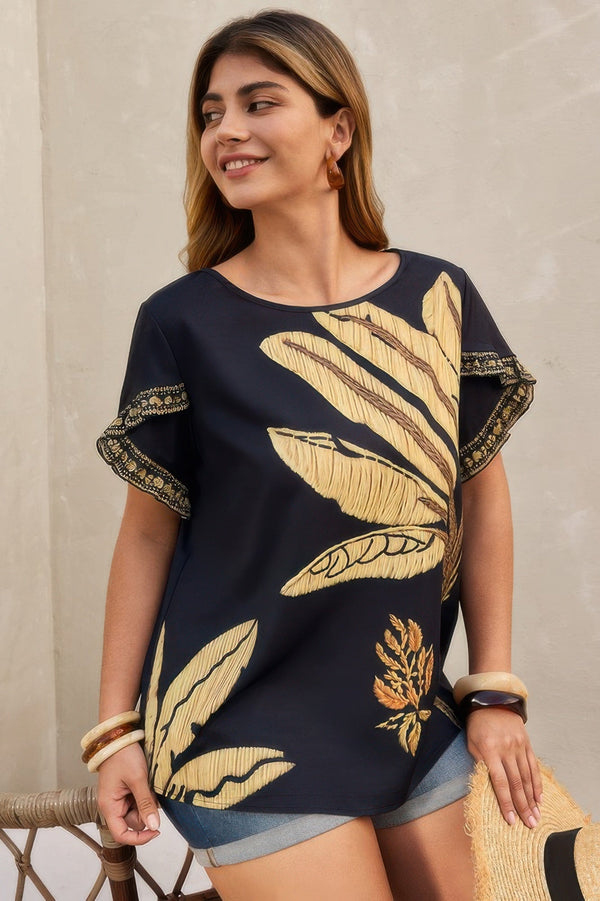 Plus Tropical Print Ruffle Hem Sleeve Blouse - | SmartBuyApparel