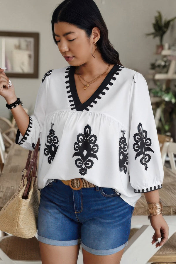 Plus V Neck Geo Print Puff Sleeve Blouse - | SmartBuyApparel