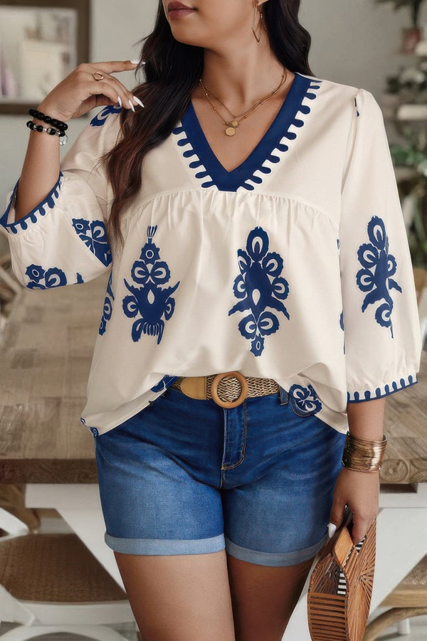 Plus V Neck Geo Print Puff Sleeve Blouse - | SmartBuyApparel