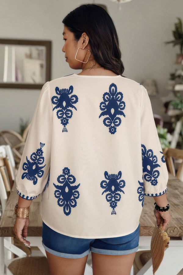 Plus V Neck Geo Print Puff Sleeve Blouse - | SmartBuyApparel
