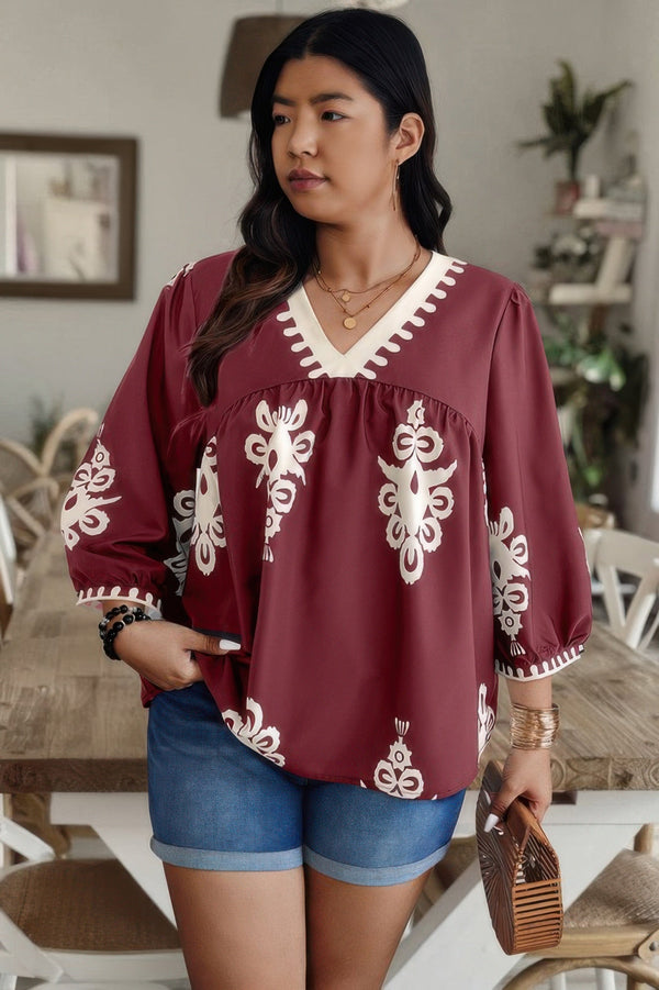 Plus V Neck Geo Print Puff Sleeve Blouse - | SmartBuyApparel