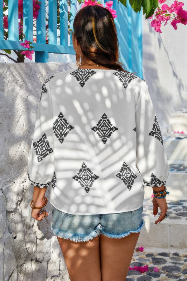Plus V Neck Geometric Printed Embroidered Peplum Shirt - | SmartBuyApparel