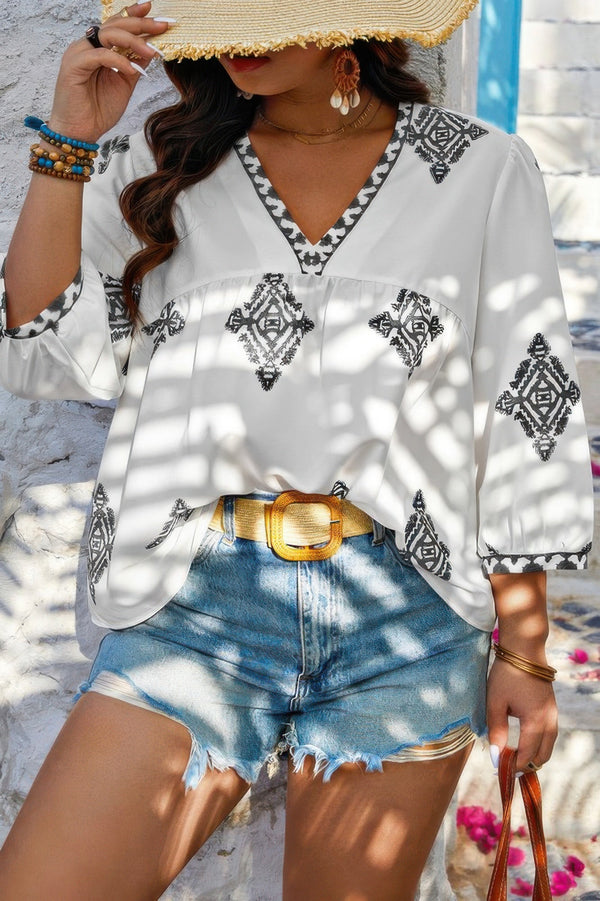 Plus V Neck Geometric Printed Embroidered Peplum Shirt - | SmartBuyApparel