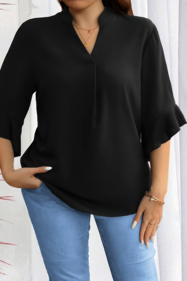 Plus V Neck Ruffle Half Sleeves Loose Blouse - | SmartBuyApparel