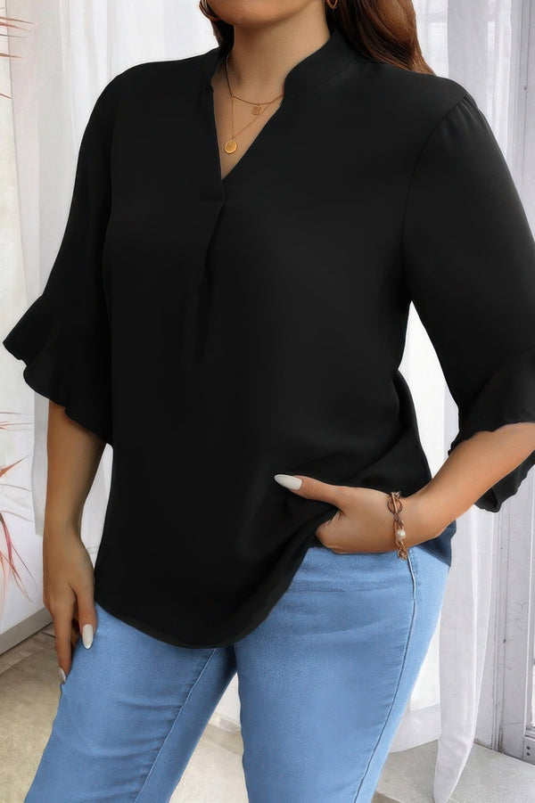 Plus V Neck Ruffle Half Sleeves Loose Blouse - | SmartBuyApparel
