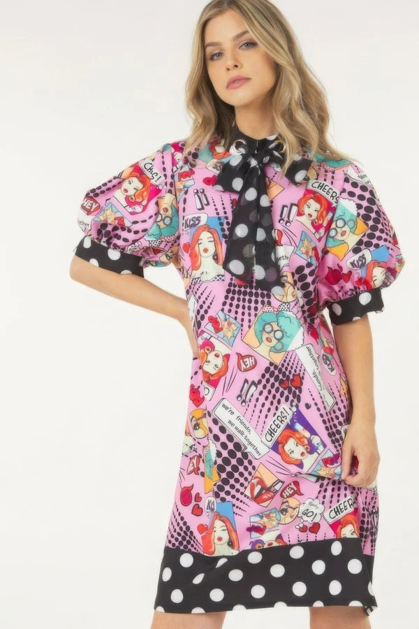 Print Midi Dress With Polka Dot Finish - Dress - SmartBuyApparel