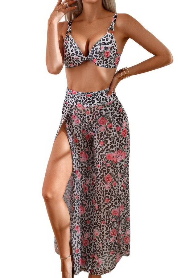 Printed Two Pieces Split Sheer Mesh Pants Swimsuit - | SmartBuyApparel