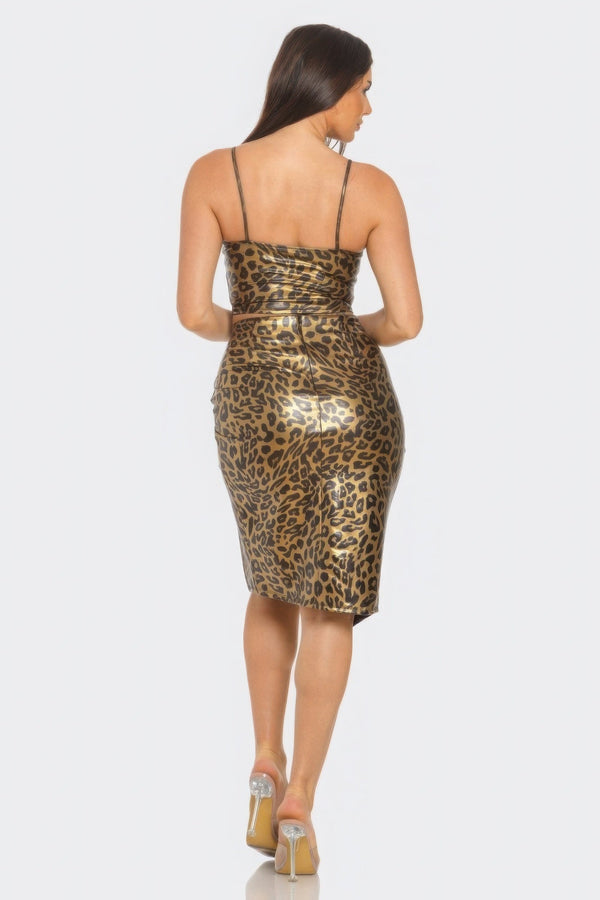 PU Cheetah Print Top & Front Wrap Slit Skirt Set - Women's set - SmartBuyApparel
