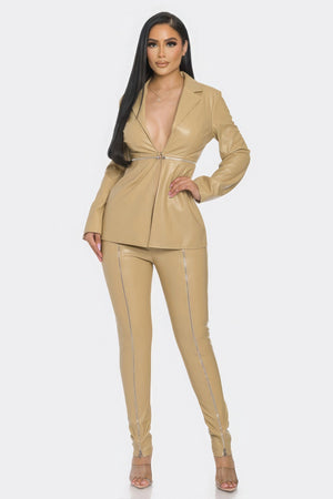 PU Leather Zipper Pant Set - Set - SmartBuyApparel
