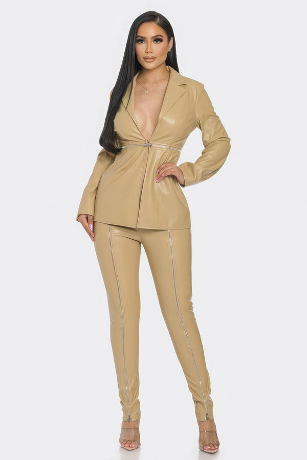 PU Leather Zipper Pant Set - Set - SmartBuyApparel