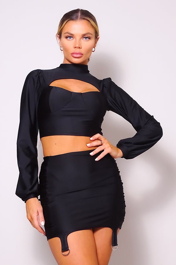Puff Long Sleeve Front Cutout Turtleneck Blouse & Side Ruched Garter Mini Skirt Set - Set - SmartBuyApparel