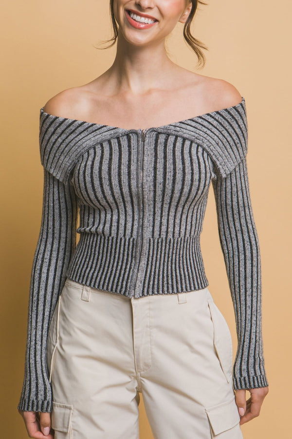 Ribbed Bardot Zip - Up Long Sleeve - Women's sweater - SmartBuyApparel