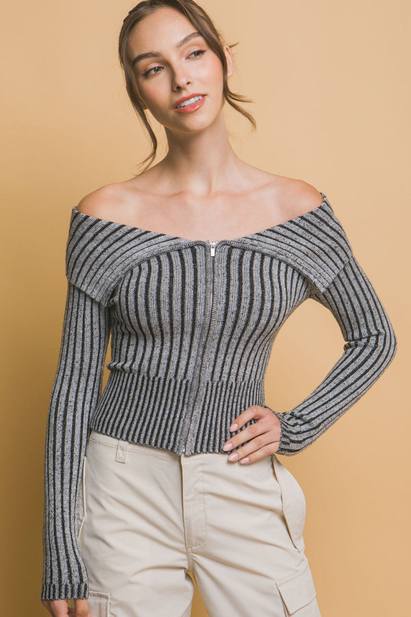 Ribbed Bardot Zip - Up Long Sleeve - Women's sweater - SmartBuyApparel