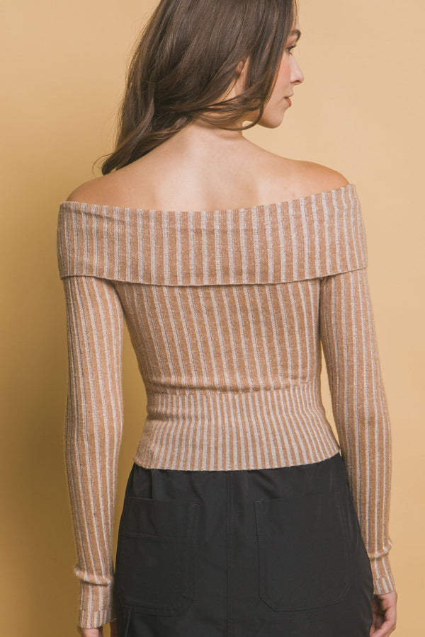 Ribbed Bardot Zip - Up Long Sleeve - Women's sweater - SmartBuyApparel