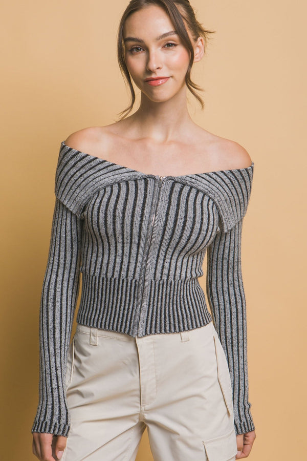 Ribbed Bardot Zip - Up Long Sleeve - Women's sweater - SmartBuyApparel