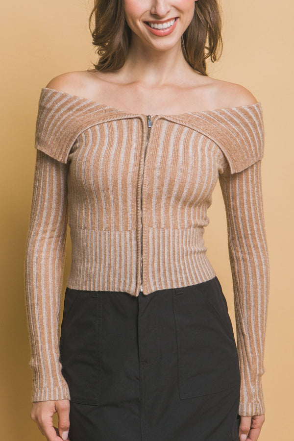 Ribbed Bardot Zip - Up Long Sleeve - Women's sweater - SmartBuyApparel