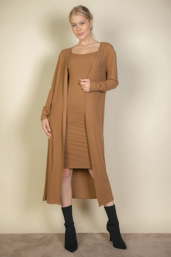 Ribbed Cardigan & Cami Midi Bodycon Dress - Dress - SmartBuyApparel