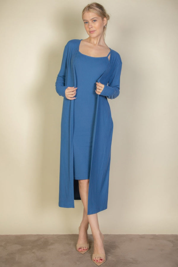 Ribbed Cardigan & Cami Midi Bodycon Dress - Dress - SmartBuyApparel