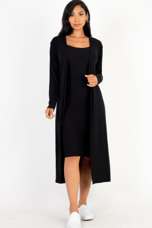 Ribbed Cardigan & Cami Midi Bodycon Dress - Dress - SmartBuyApparel