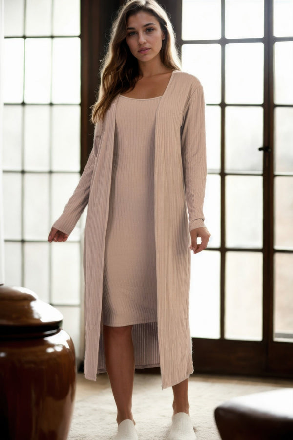 Ribbed Cardigan & Cami Midi Bodycon Dress - Dress - SmartBuyApparel