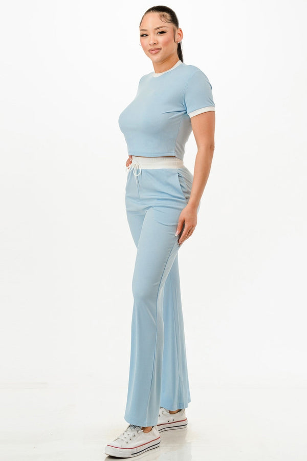 Ribbed Contrast Binding Top And Pants Set - Set - SmartBuyApparel