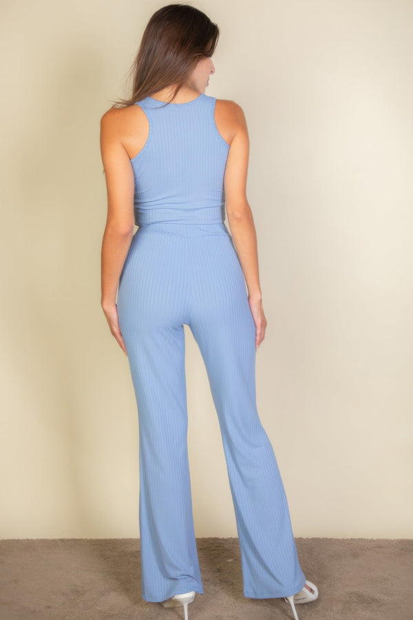 Ribbed Cropped Top And Bootcut Pants Sets - Set - SmartBuyApparel