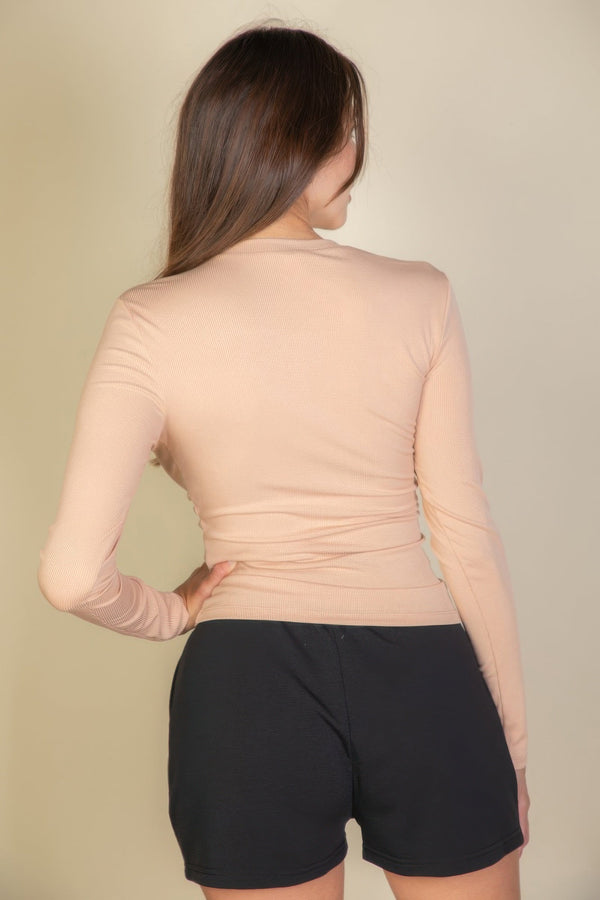 Ribbed Round Neck Long Sleeve Top - Women's top - SmartBuyApparel