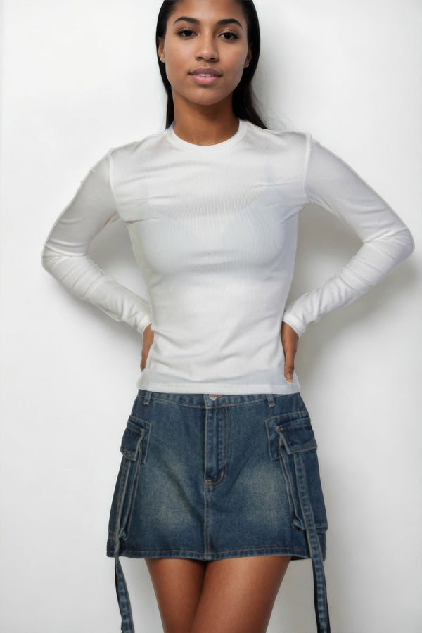 Ribbed Round Neck Long Sleeve Top - Women's top - SmartBuyApparel