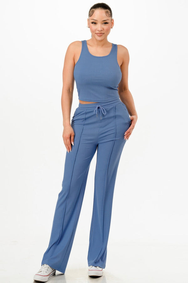 Ribbed Tank Top And Pant Set - | SmartBuyApparel