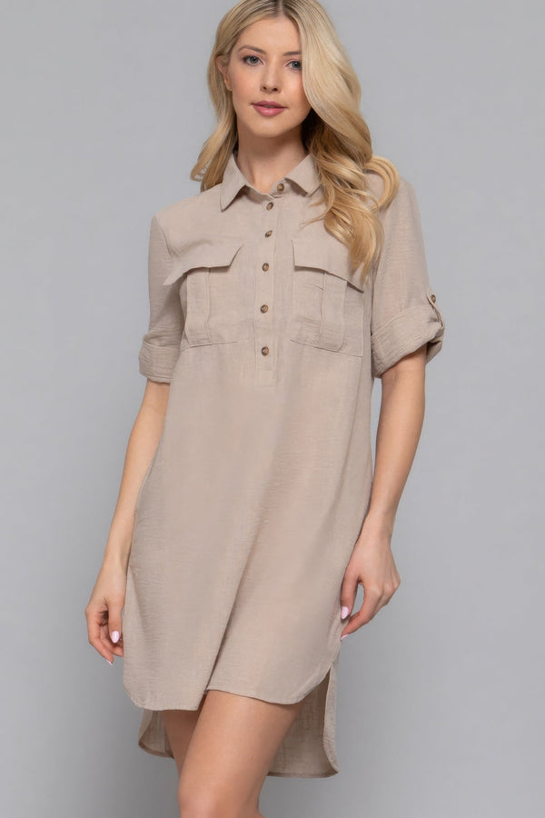 Roll Up Short Slv Straight Linen Effect Mini Dress - Dress - SmartBuyApparel