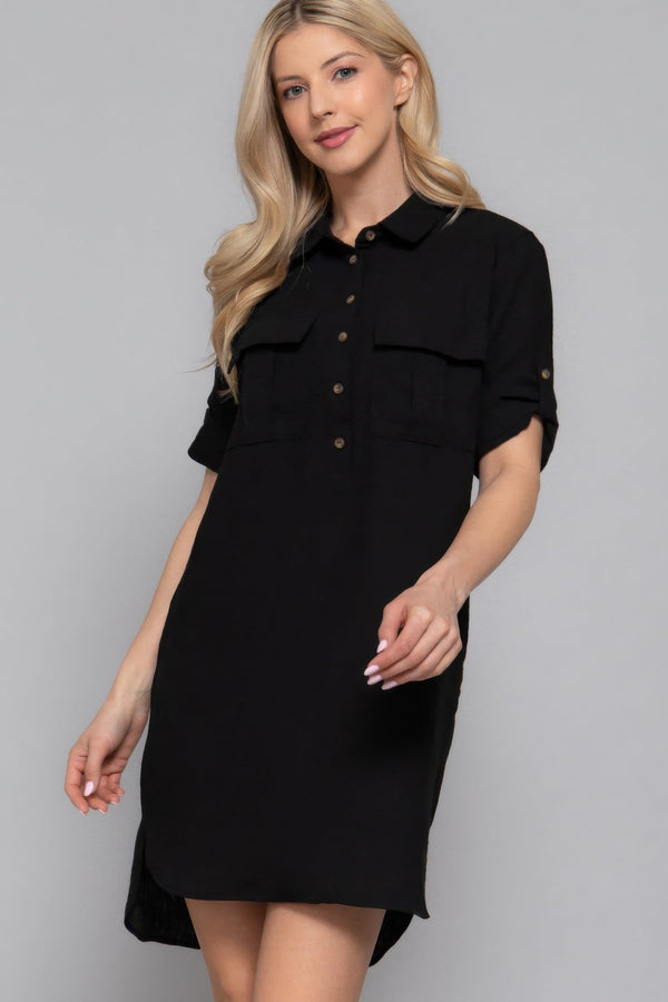 Roll Up Short Slv Straight Linen Effect Mini Dress - Dress - SmartBuyApparel