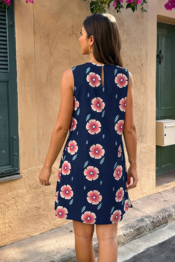 Round Neck Floral Print Sleeveless Loose Dress - | SmartBuyApparel