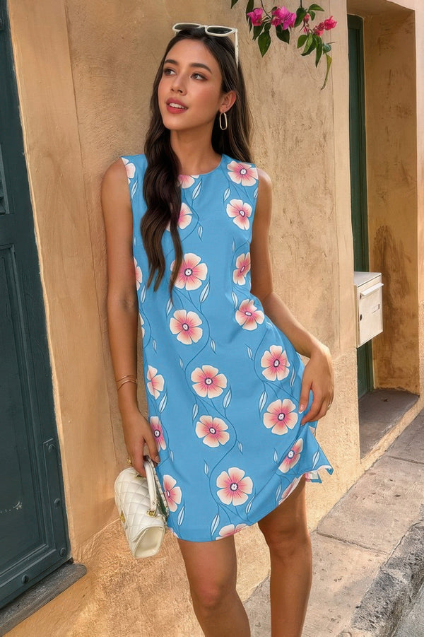 Round Neck Floral Print Sleeveless Loose Dress - | SmartBuyApparel