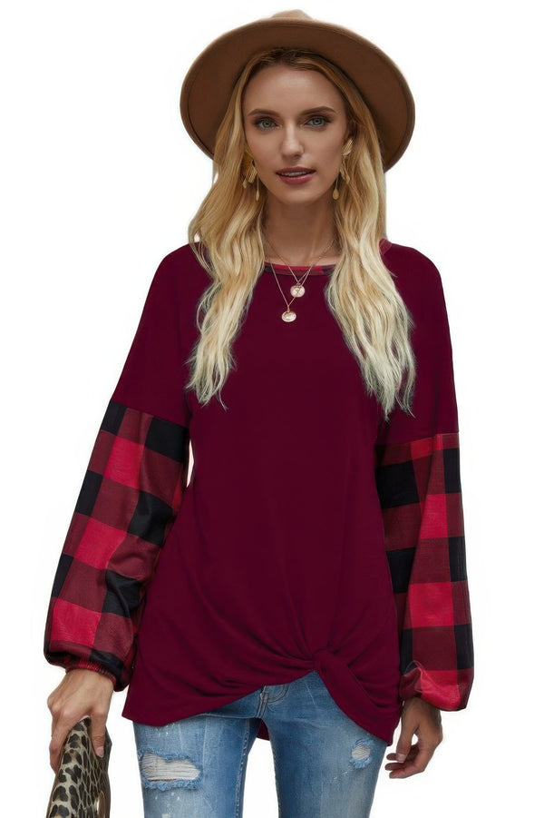 Round Neck Lantern Sleeve Patchwork Pullover - | SmartBuyApparel