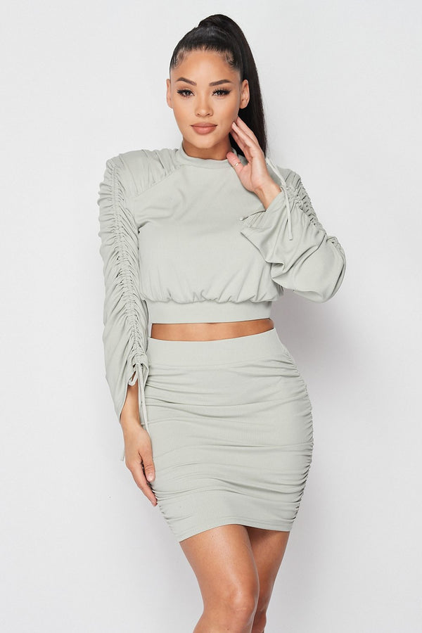 Ruched Long Sleeve And Skirt Set - Type: Women's clothing set - SmartBuyApparel