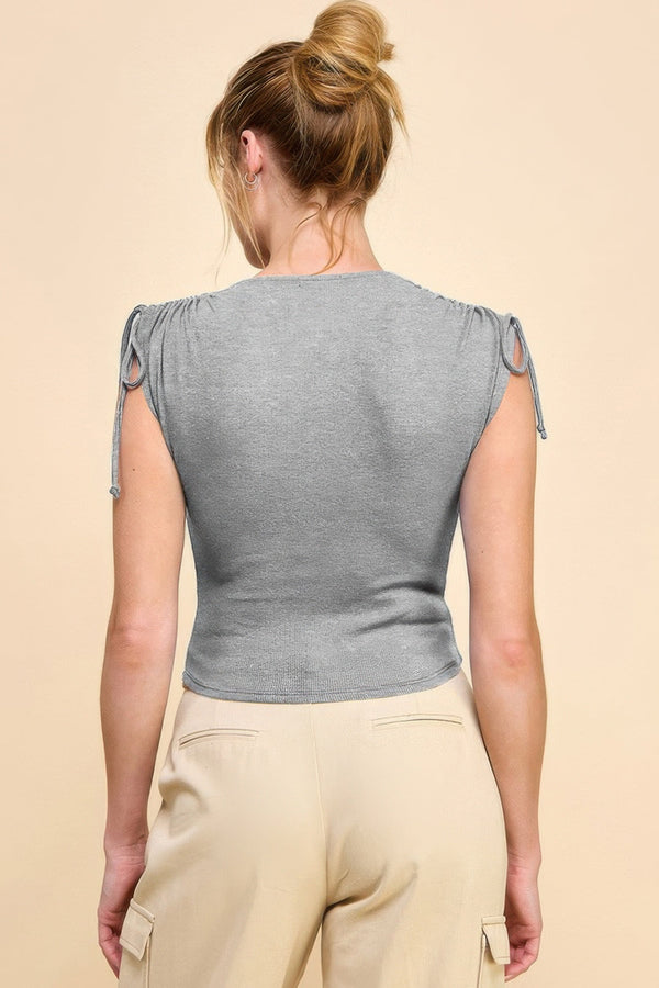 Ruching Shoulder Ribbed Top - Women's top - SmartBuyApparel