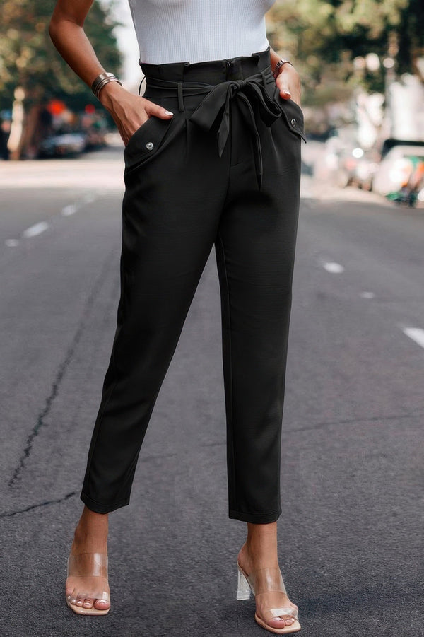 Ruffle Belt Pocket Solid Skinny Pants - | SmartBuyApparel