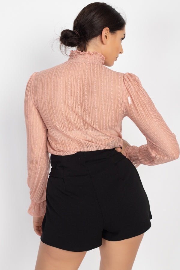 Ruffle Mock Neck Lace Top - Women's top - SmartBuyApparel
