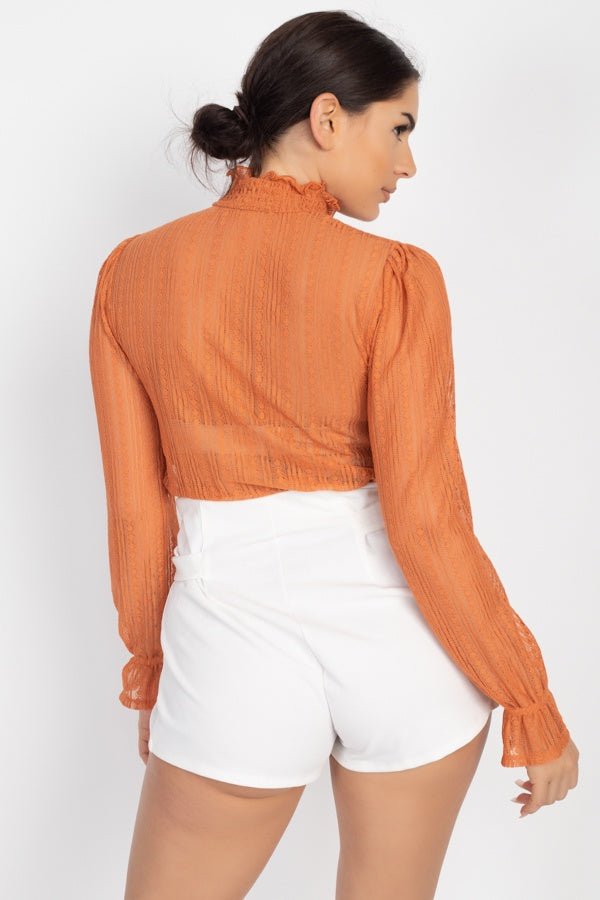 Ruffle Mock Neck Lace Top - Women's top - SmartBuyApparel