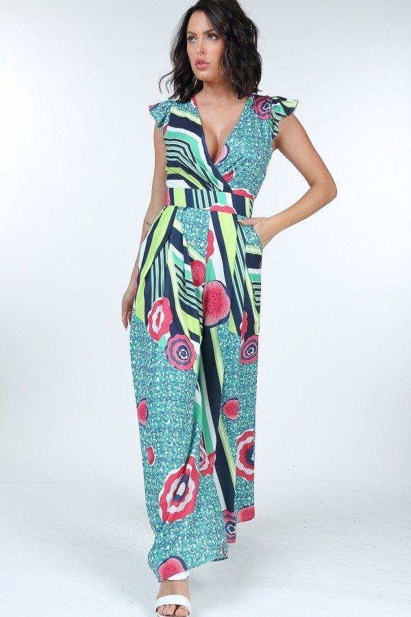 Ruffle Sleeve Surplice Jumpsuit - Jumpsuit - SmartBuyApparel