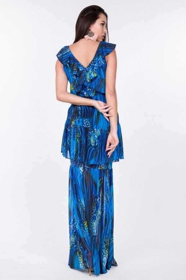 Ruffle Sleeve Tiered Bottom Print Long Dress - Dress - SmartBuyApparel