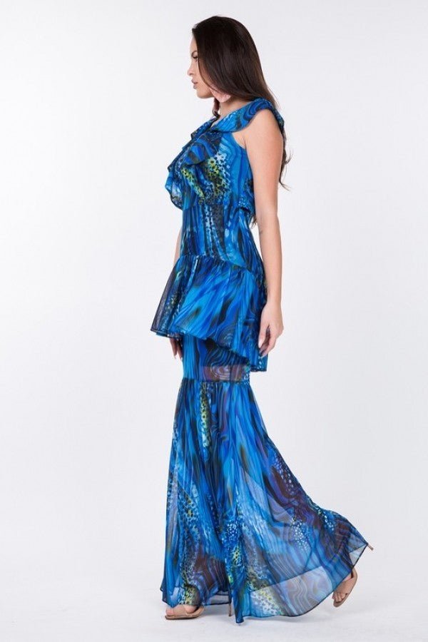 Ruffle Sleeve Tiered Bottom Print Long Dress - Dress - SmartBuyApparel