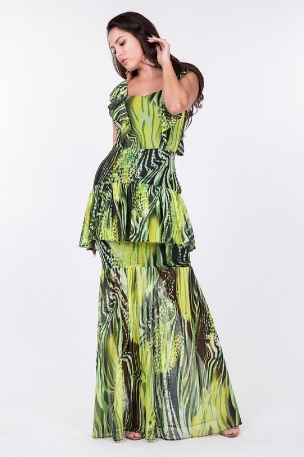 Ruffle Sleeve Tiered Bottom Print Long Dress - Dress - SmartBuyApparel
