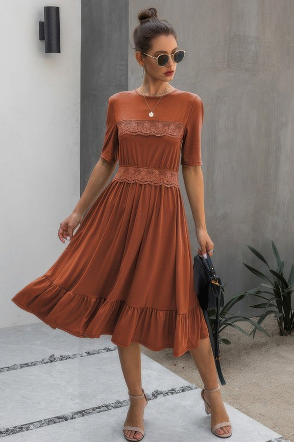 Ruffled Lace Midi Swing Dress - | SmartBuyApparel