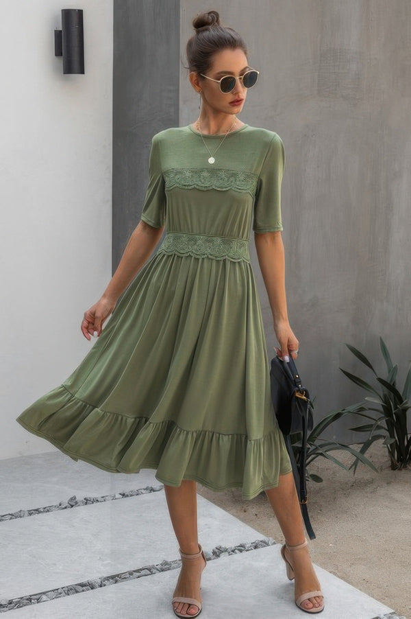 Ruffled Lace Midi Swing Dress - | SmartBuyApparel