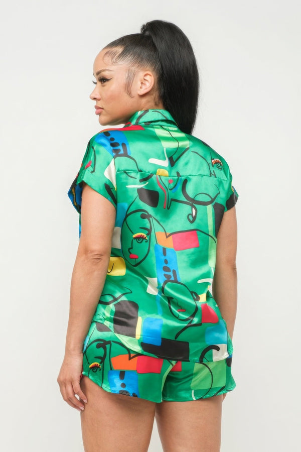 Satin Dolman Print Button Down Top And Shorts Set - Women's set - SmartBuyApparel