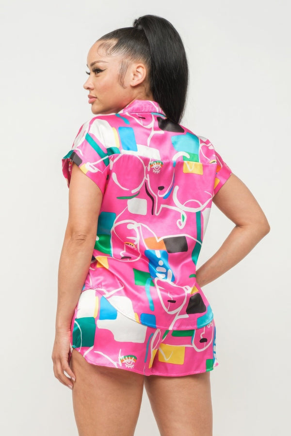 Satin Dolman Print Button Down Top And Shorts Set - Women's set - SmartBuyApparel