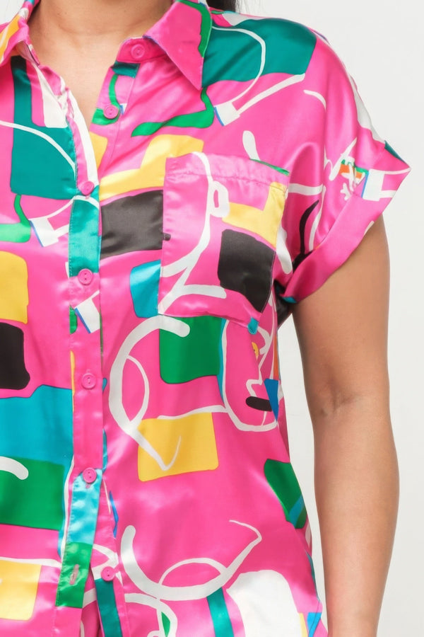 Satin Dolman Print Button Down Top And Shorts Set - Women's set - SmartBuyApparel