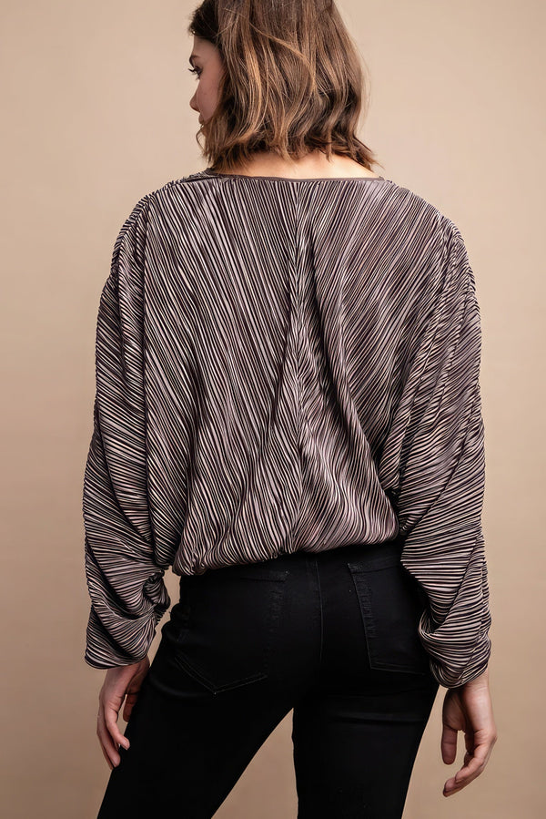 Satin Pleated Drawstring Top With Snap Button - Women's top - SmartBuyApparel