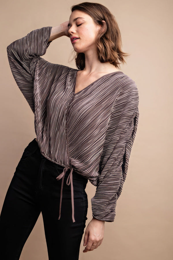 Satin Pleated Drawstring Top With Snap Button - Women's top - SmartBuyApparel